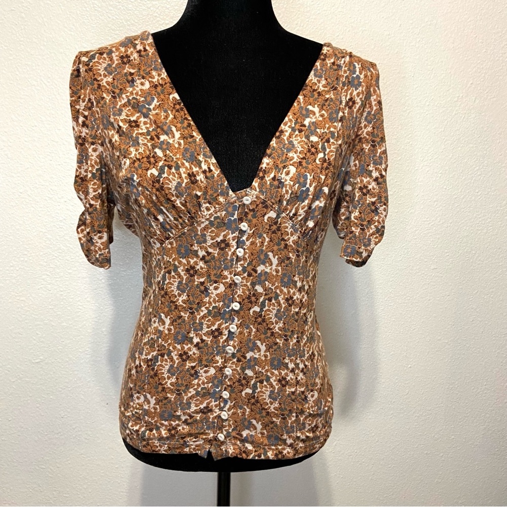 Free People Hollywood Floral Print V-Neck Top Ruched Sleeves Medium